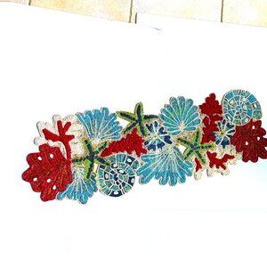 BEADED VIBRANT SEA LIFE  TABLE ART RUNNER Coastal Collection 13” X 36”  Stunning